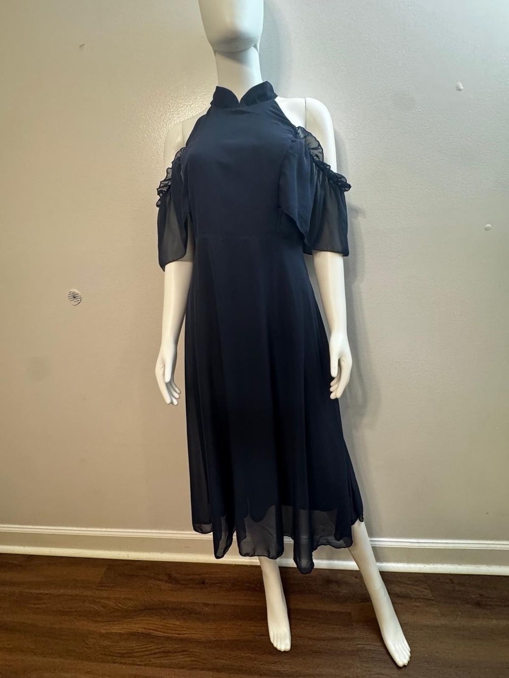 Navy Cold-Shoulder Midi Dress